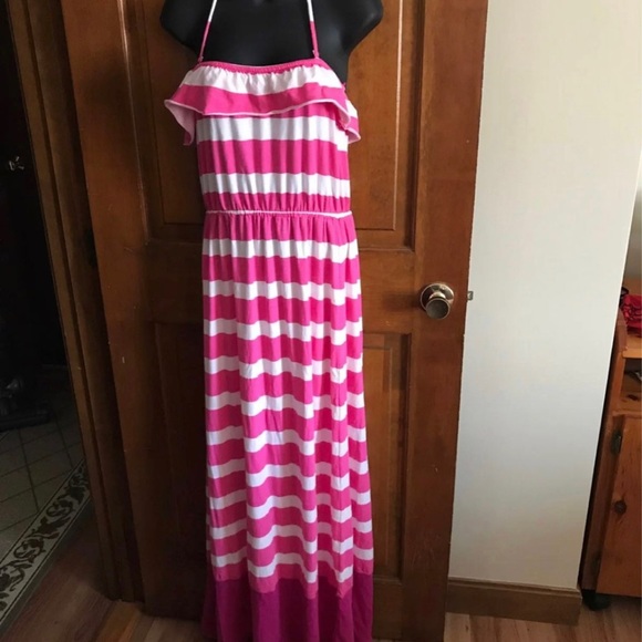 Sundress Pink white stripe maxi dress with neck strap, boho summer casual cotton - Picture 4 of 4
